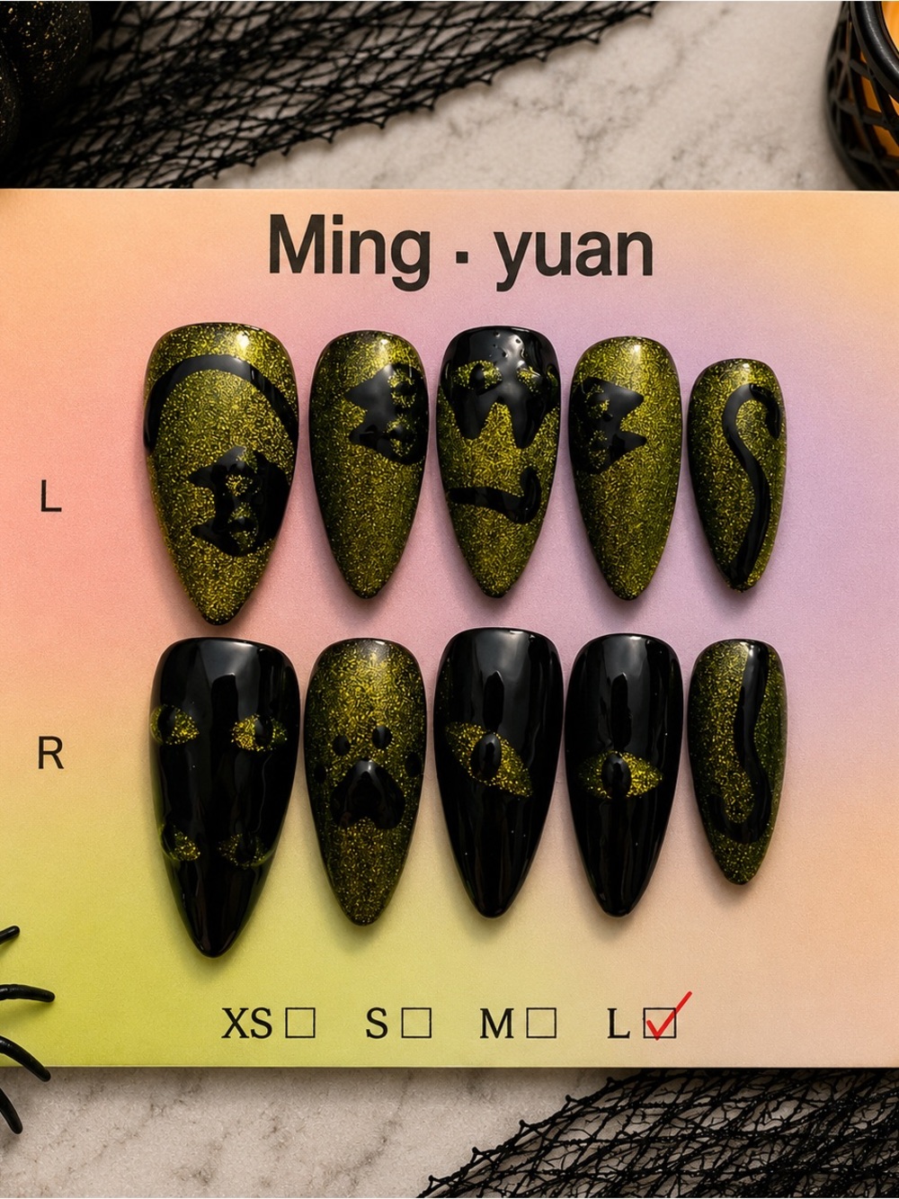 Black & Green Glitter Press-On Nails - Halloween Skull Set (Large)